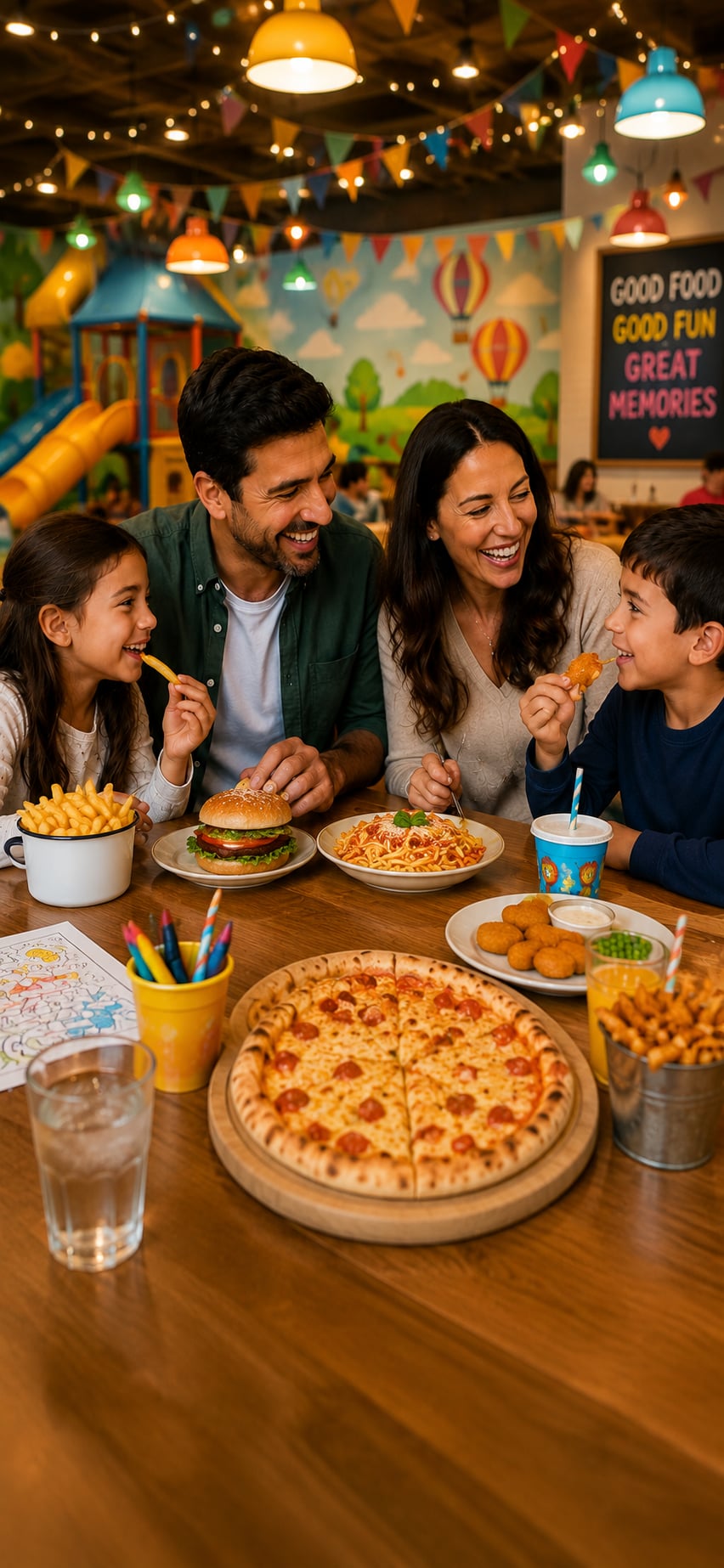 A family enjoying a kid-friendly restaurant with pizza, burger, spaghetti and chicken nuggets